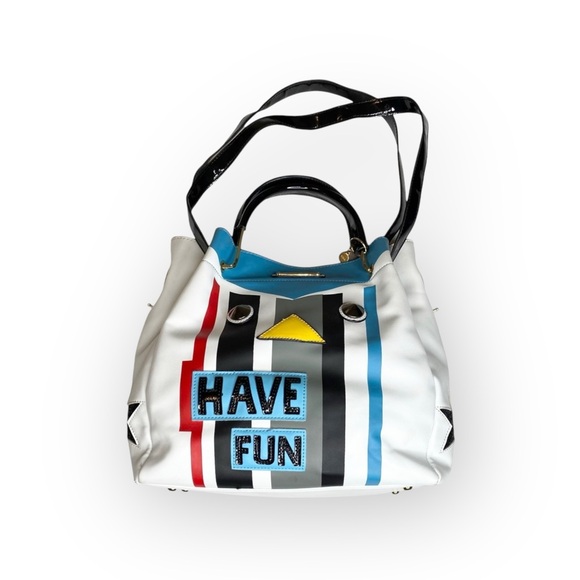 Nicole Lee ᯾ Striped Patchwork 'Have Fun' Satchel Handbag Bag ᯾ Vegan Leather ᯾ - Picture 2 of 16